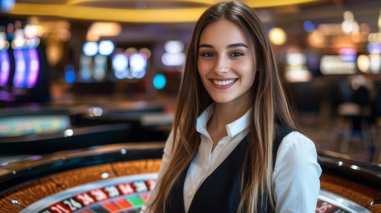 Dealer seluler dewalive PMGC memberikan kartu di meja blackjack langsung